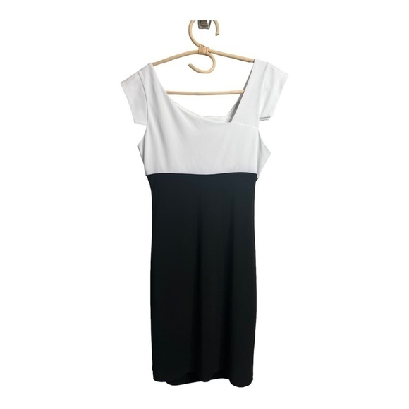 Joseph Ribkoff Slanted Neckline White Black Sheath Ruched Stretch Dress Size 12 - Picture 8 of 15
